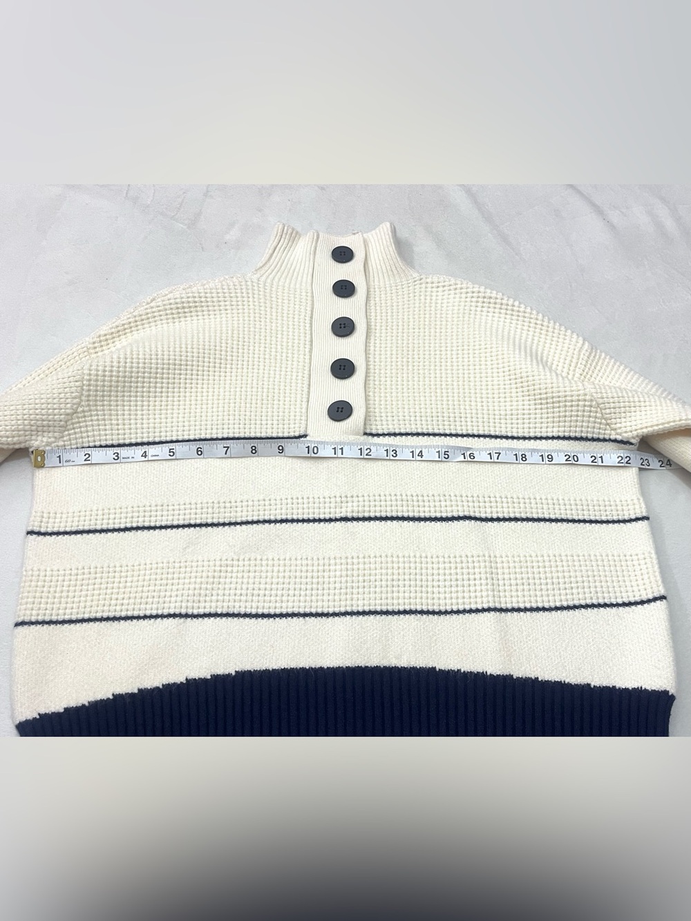 Vita Grace Cream and Navy Soft Thick Button Up Neck Waffle Sweater Women's Top - Picture 8 of 16